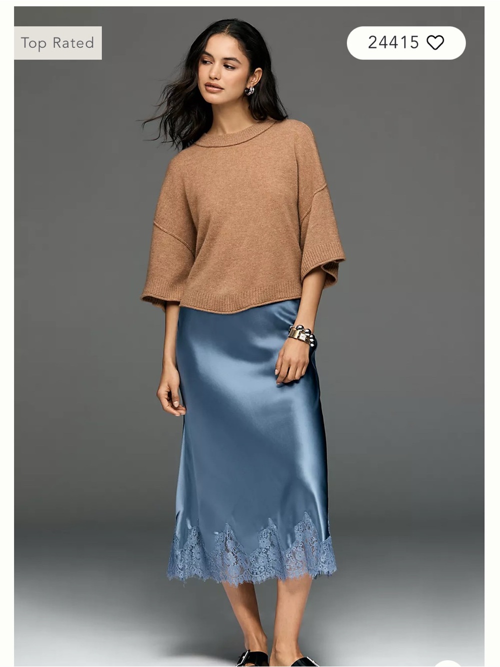 Anthropologie Camel Knit Boxy Sweater with Blue Satin Midi Skirt